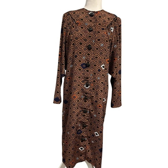 Vintage Dresses & Skirts - Vintage 1970’s Geometric Patterned Brown Dress Button Down Dolan Sleeves Size